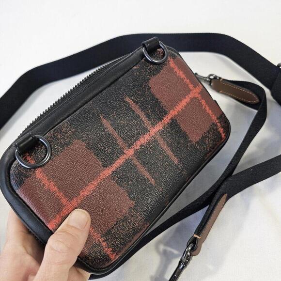 New COACH Carrier Phone Crossbody With Window Pane Plaid Print Black Brown - Picture 3 of 8